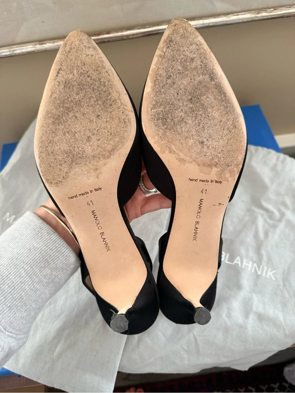 Manolo Blahnik Black Satin Crystal Buckle Slingback Pumps AUTHENTIC